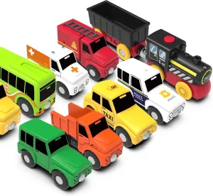 10-Piece Toy Cars Trucks Magnetic Train Set for Wooden Railway Tracks – Compatible with Brio & Thomas – for Toddlers and Kids Aged 3  (Battery Not Included)