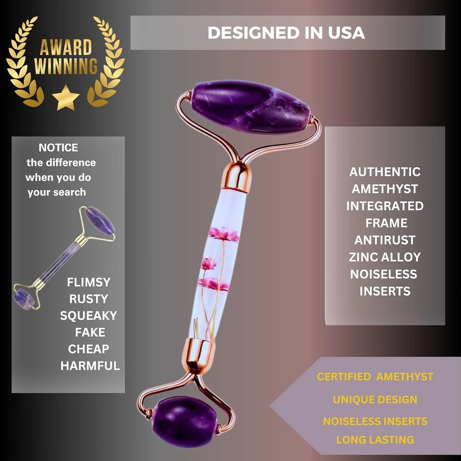 100% Authentic Amethyst Jade Roller and Gua Sha Set for face I Micro Needle I Facial Tools I Purple Guasha I Premium Quality I Mother's Day Gift. (4 PCS, Purple)