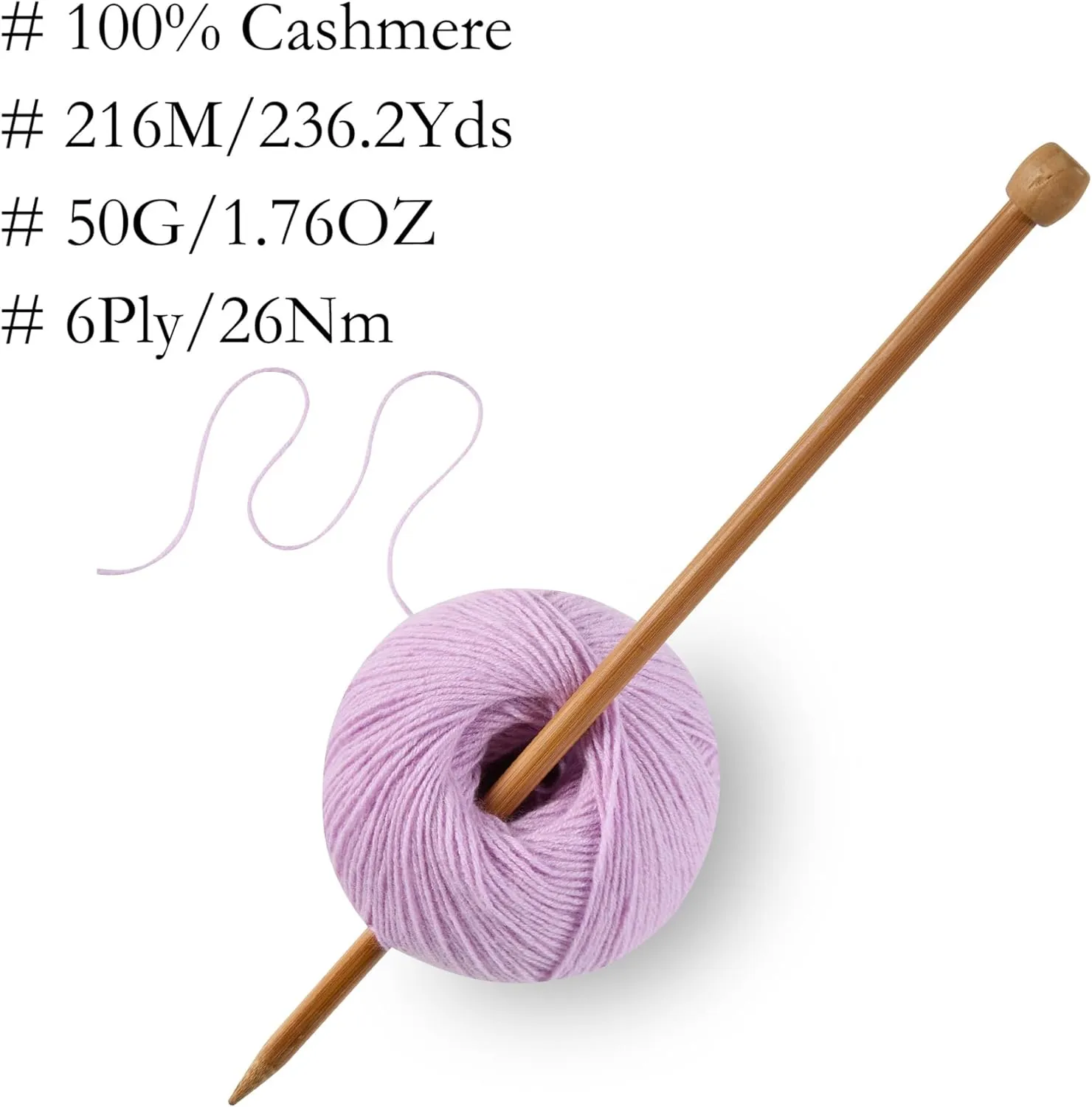 100% Inner Mongolian Cashmere Yarn, 6-Ply Luxurious and Soft Yarn for Hand Knitting & Crocheting (Light Purple,1 Ball)