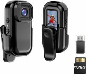 1080P Thumb Action Camera, 128G Sports Camera with Audio and Video Recording, Tiny Size, Wearable Cam with Magnetic & 360° Clip,Hands Free POV Recording Worn Cam for Travel, Cycling, Pet Walking