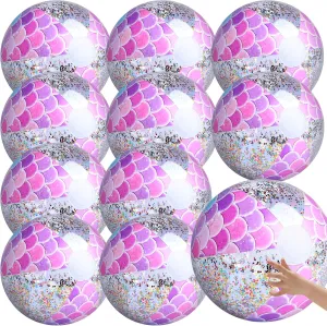 10Pcs Mermaid Beach Ball 16" Glitter Beach Balls Inflatable Confetti Sports Beach Balls Floatable Sequin Beachballs Giant Clear Beach Ball Jumbo Mermaid Pool Toys Summer Water Fun Swimming Party