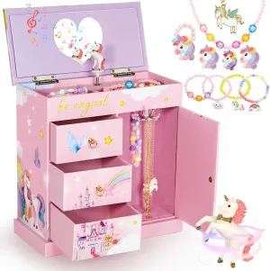 10Pcs Musical Unicorn Jewelry Box for Girls Unicorn Toys for Age 3, 4, 5, 6, 7, 8 Jewelry Set Kids Box with Spinning Unicorn Birthday Gifts for Toddler Necklace Bracelet Rainbow Pink