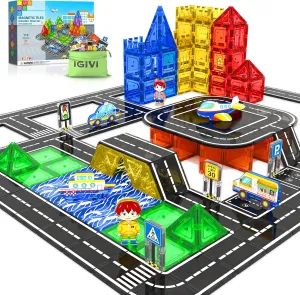 112PCS Magnetic Tiles Road Set, STEM Magnetic Building Toys for Toddlers & Kids Ages 3 , Creative Gifts City Construction Toys for 3  Years Old Boys & Girls