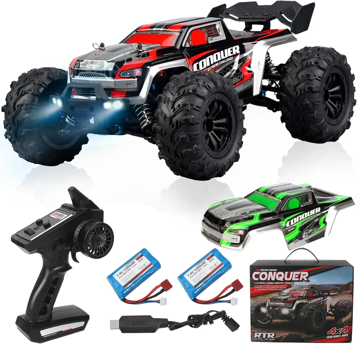 1:16 Scale All-Terrain RC Car for Adults - 40 KM/H High Speed 4WD Off-Road Remote Control Truck with 2 Rechargeable Batteries, 2.4GHz Electric Toy Vehicle Gift for Teens and 14 