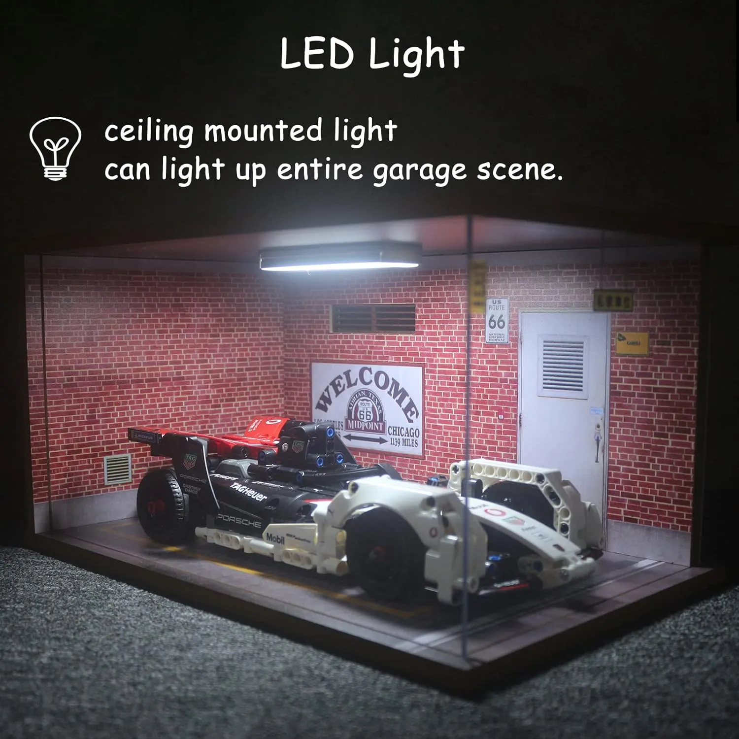 1/18 Scale Model Car Display Case - 1:18 Car Garage Display Case with Clear Acrylic Cover and LED Lighting for Die-Cast Cars, 1 Parking Route 66-Right