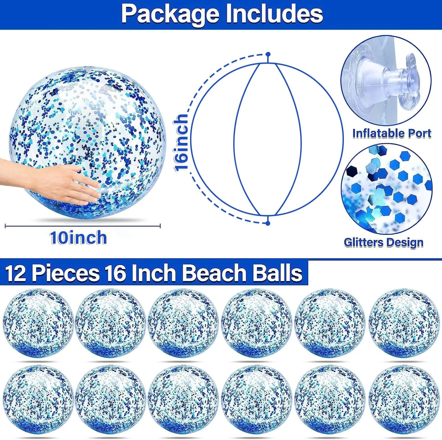 12 Pack Inflatable Beach Balls Bulk 16" Glitters Pool Toys Balls for Pool, Beach, Summer Pool Party - Swimming Pool Game Water Beach Toys Kid Party Favor Decorations Summer Blow Up Beach Ball