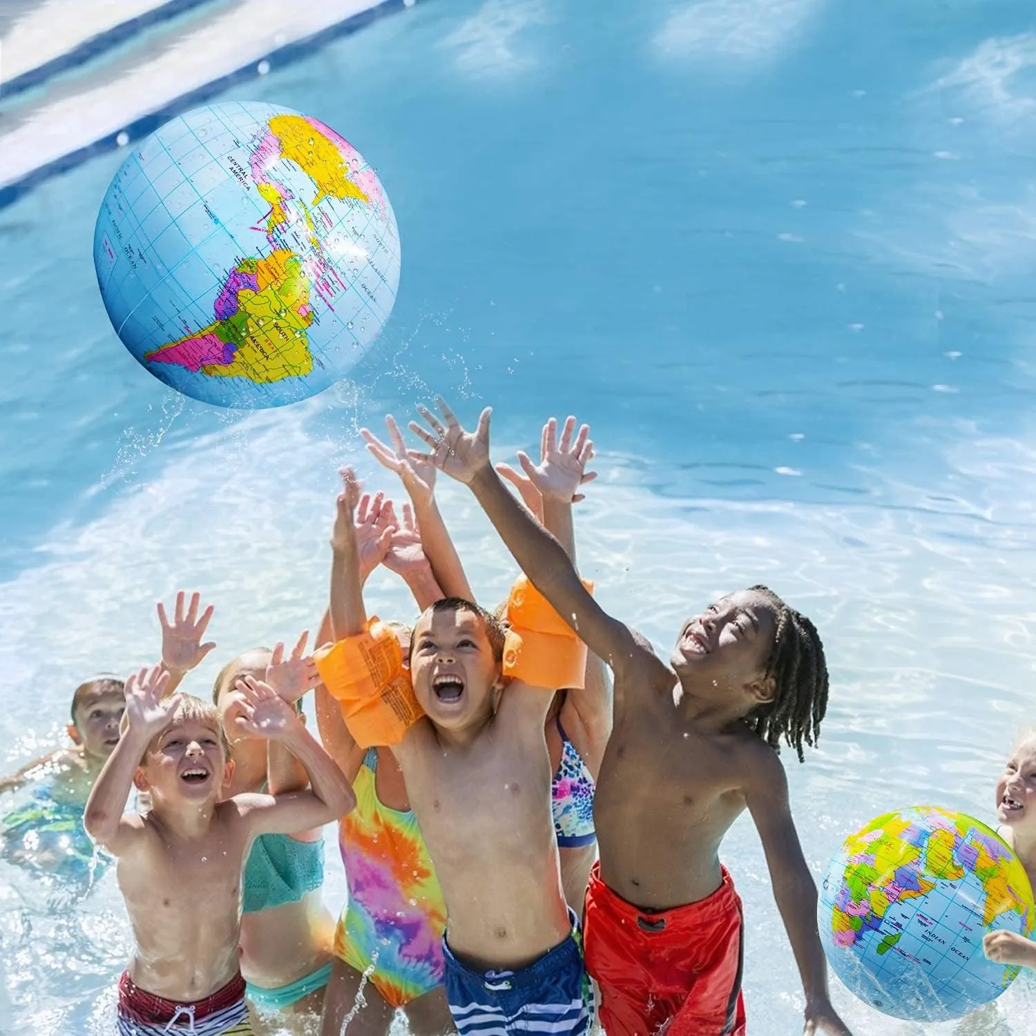 12 Pack Inflatable Jumbo 16" World Globe Beach Balls - Summer Pool Party Toys for Beach, Kids Luau Decorations