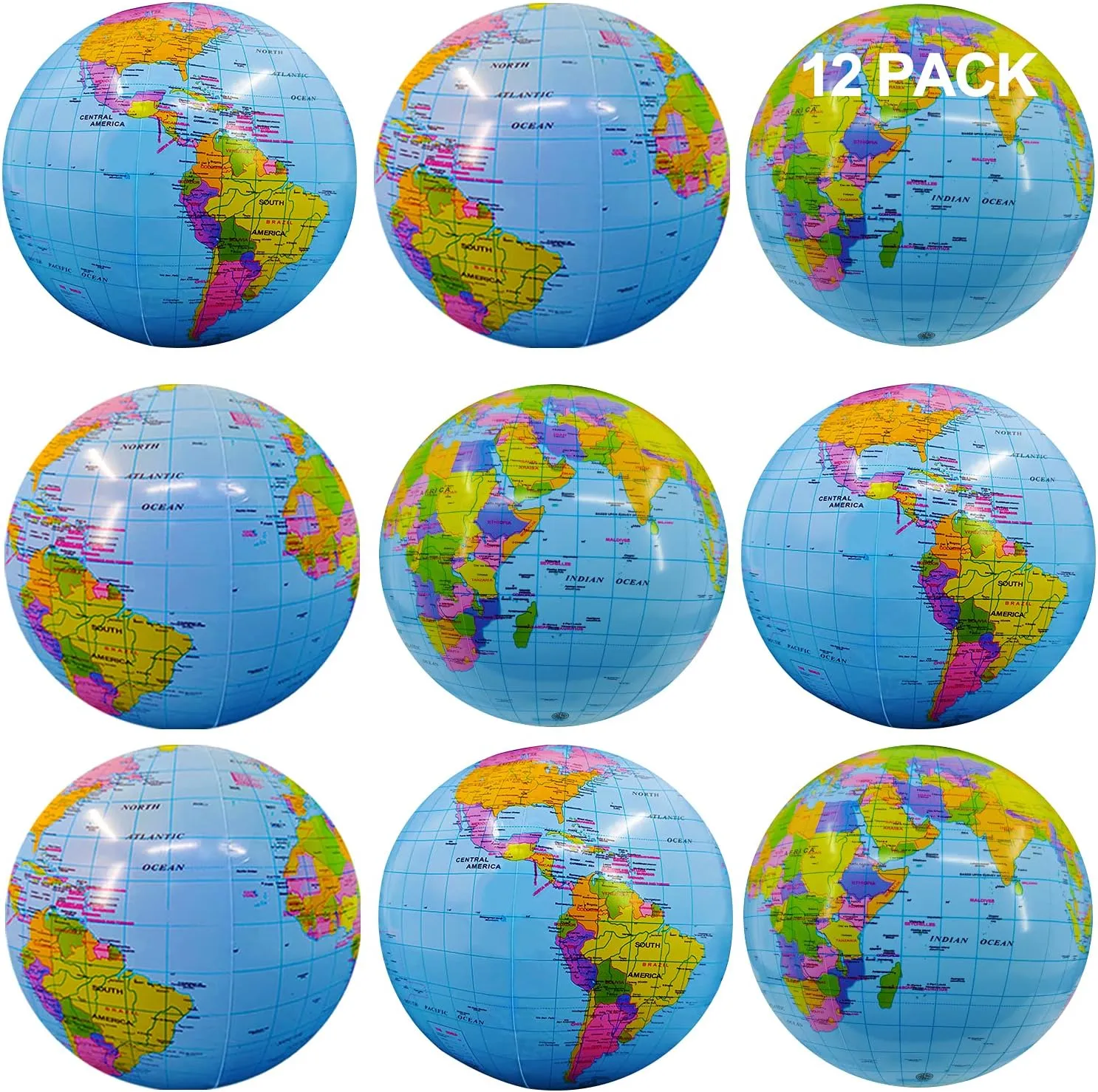 12 Pack Inflatable Jumbo 16" World Globe Beach Balls - Summer Pool Party Toys for Beach, Kids Luau Decorations