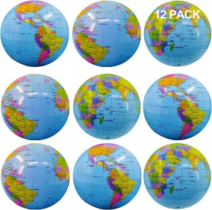 12 Pack Inflatable Jumbo 16" World Globe Beach Balls - Summer Pool Party Toys for Beach, Kids Luau Decorations