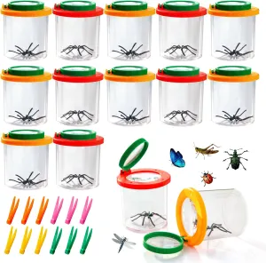 12 Sets Magnifying Insert Bug Viewer for Kids with Tweezers, Students Insect Box Bug Catcher Kit Bug Magnifier Container Bug Cage Bug Jar Kids Science Tool for Outdoor Adventure and School Field Trips
