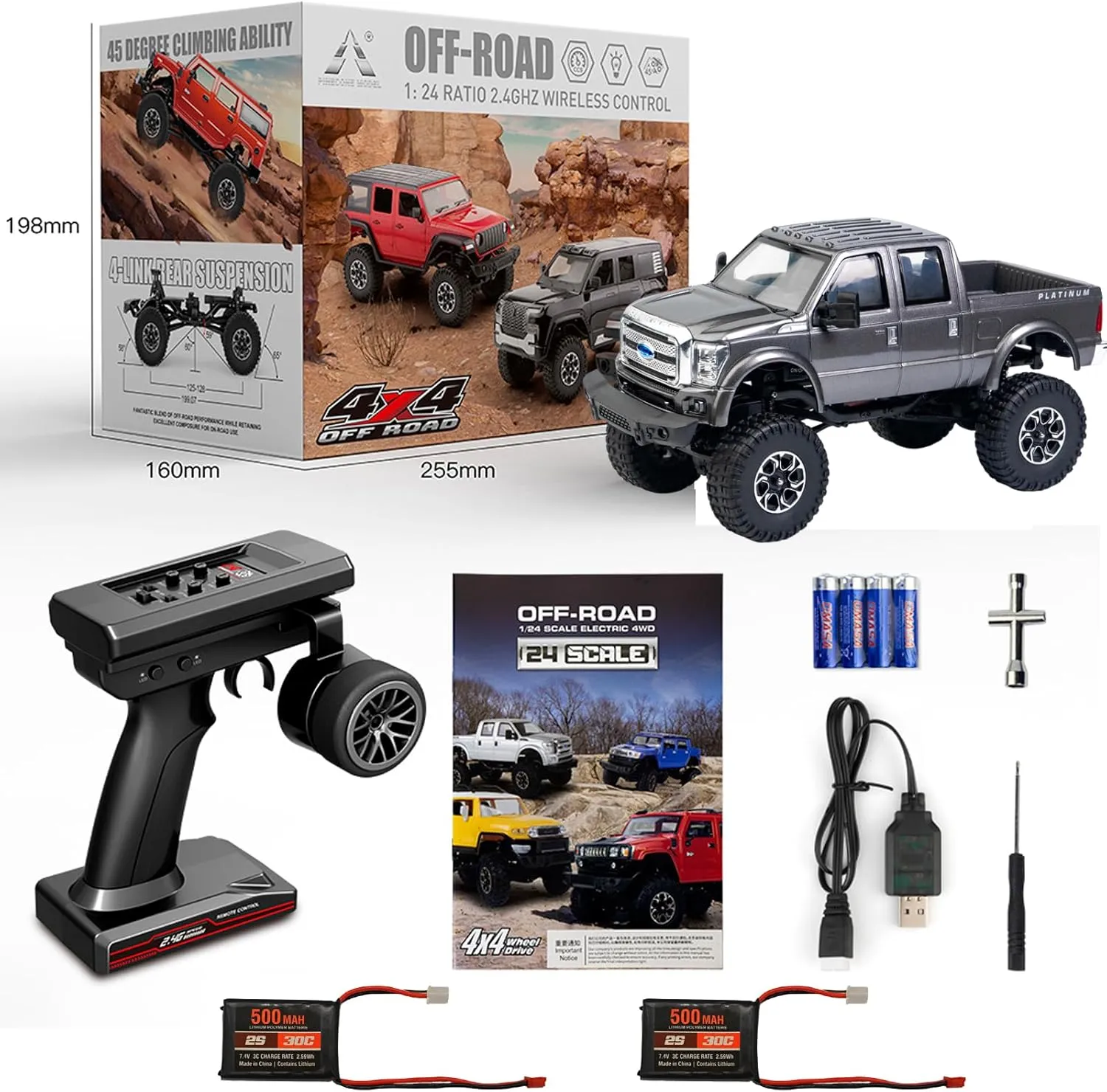 1/24 4WD F350 Remote Control Crawler RTR Full Scale Simulation RC Off-Road Truck Vehicle Model, 2.4Ghz with LED Lights (Silvery)