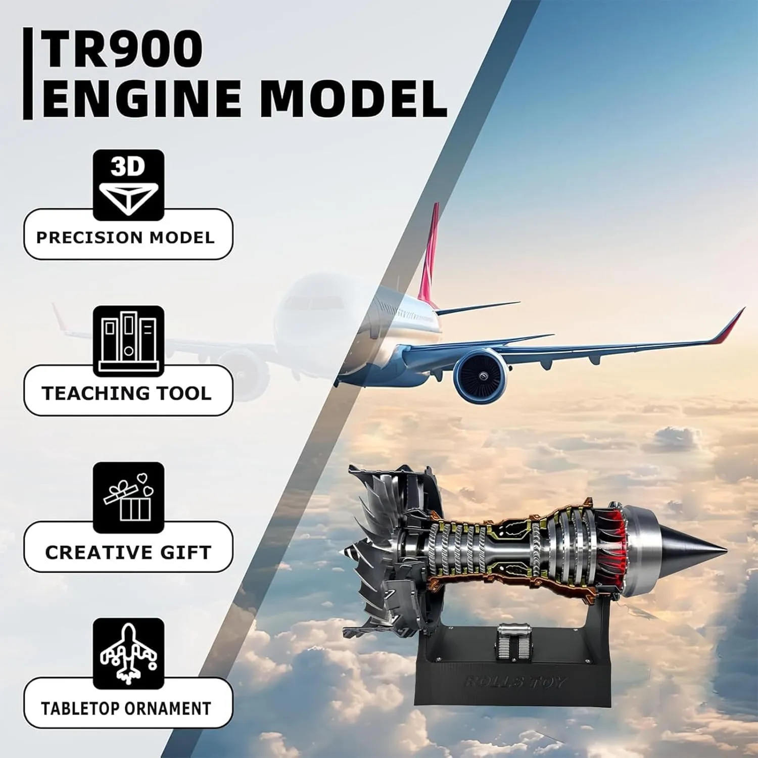 1/25 Simulation Aircraft Turbojet Engine Rotatable Model, Adjustable Speed TR900 Aircraft Turbojet Model with Light, DIY Educational Kit for Adults (Finished Product,Red)