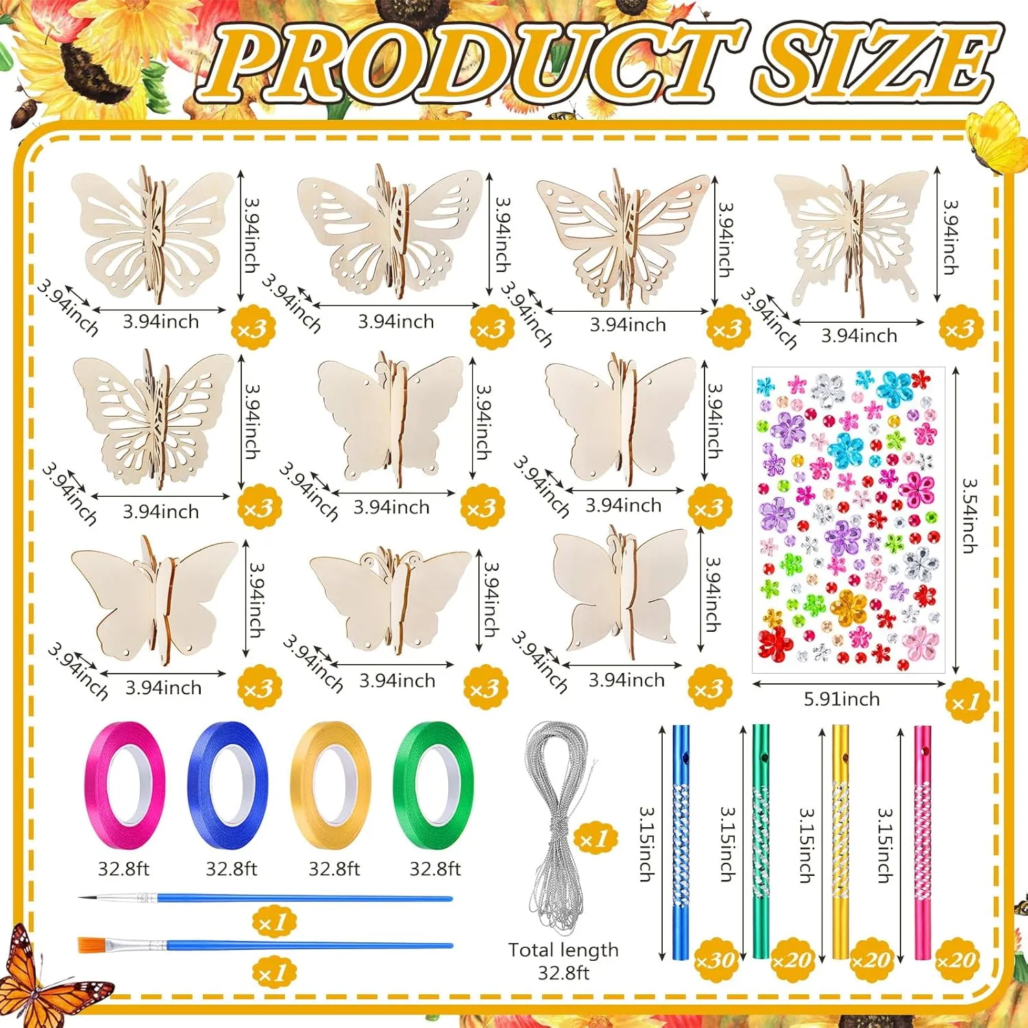 128 Pcs Spring Butterfly Wind Chime Making Kit Make Your Own Butterfly Wind Chime Wooden Arts and Crafts Ornaments DIY to Paint Butterfly Craft for Art Activity Birthday Party