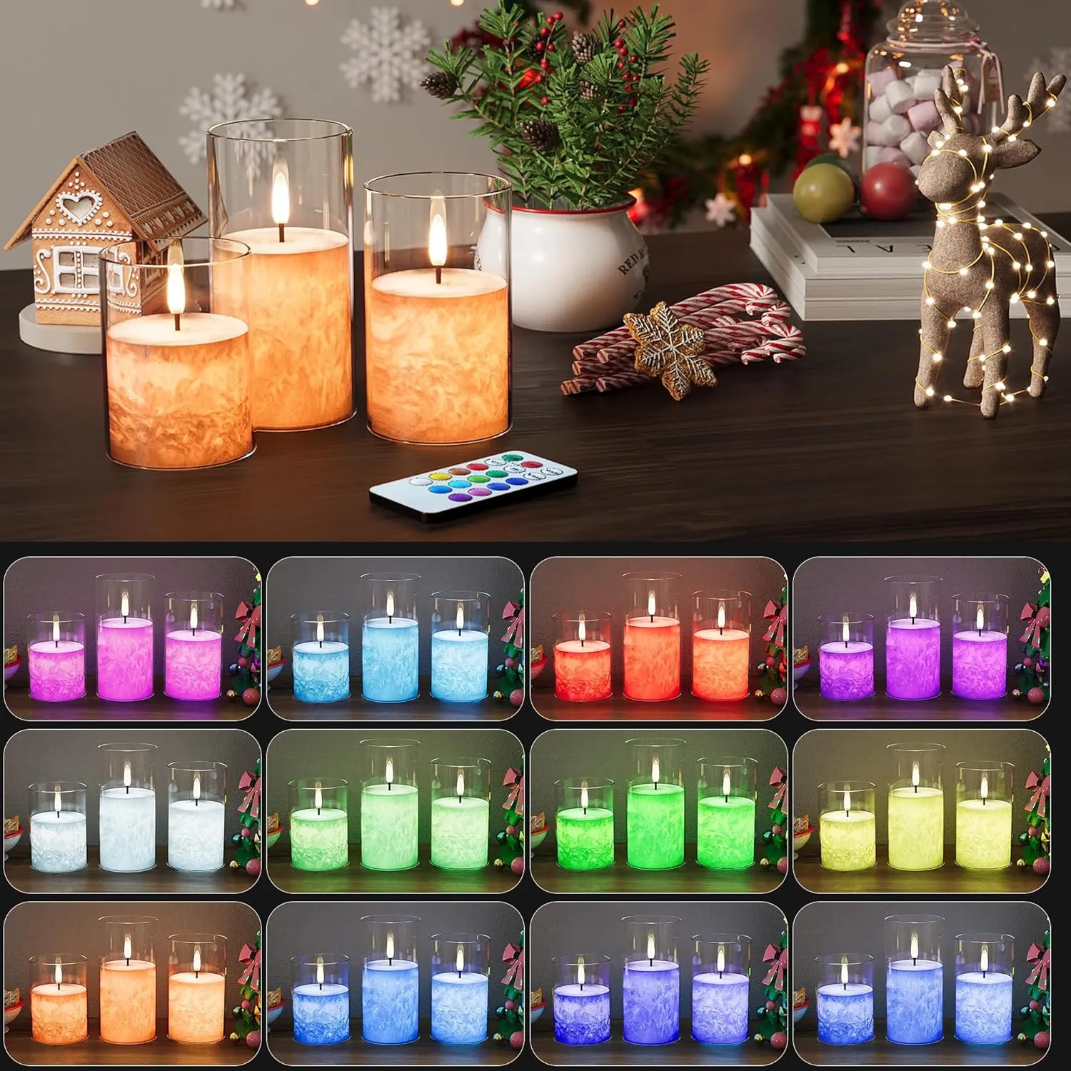 12Colors Flickering Flameless Candles with Remote & Timer, Real Wax Battery Operated Candles with Flickering Flame, Multi-color Realistic LED Candle, Crystal Texture Design - 3Pack [3"×4/5/6"]
