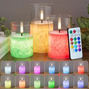 12Colors Flickering Flameless Candles with Remote & Timer, Real Wax Battery Operated Candles with Flickering Flame, Multi-color Realistic LED Candle, Crystal Texture Design - 3Pack [3"×4/5/6"]