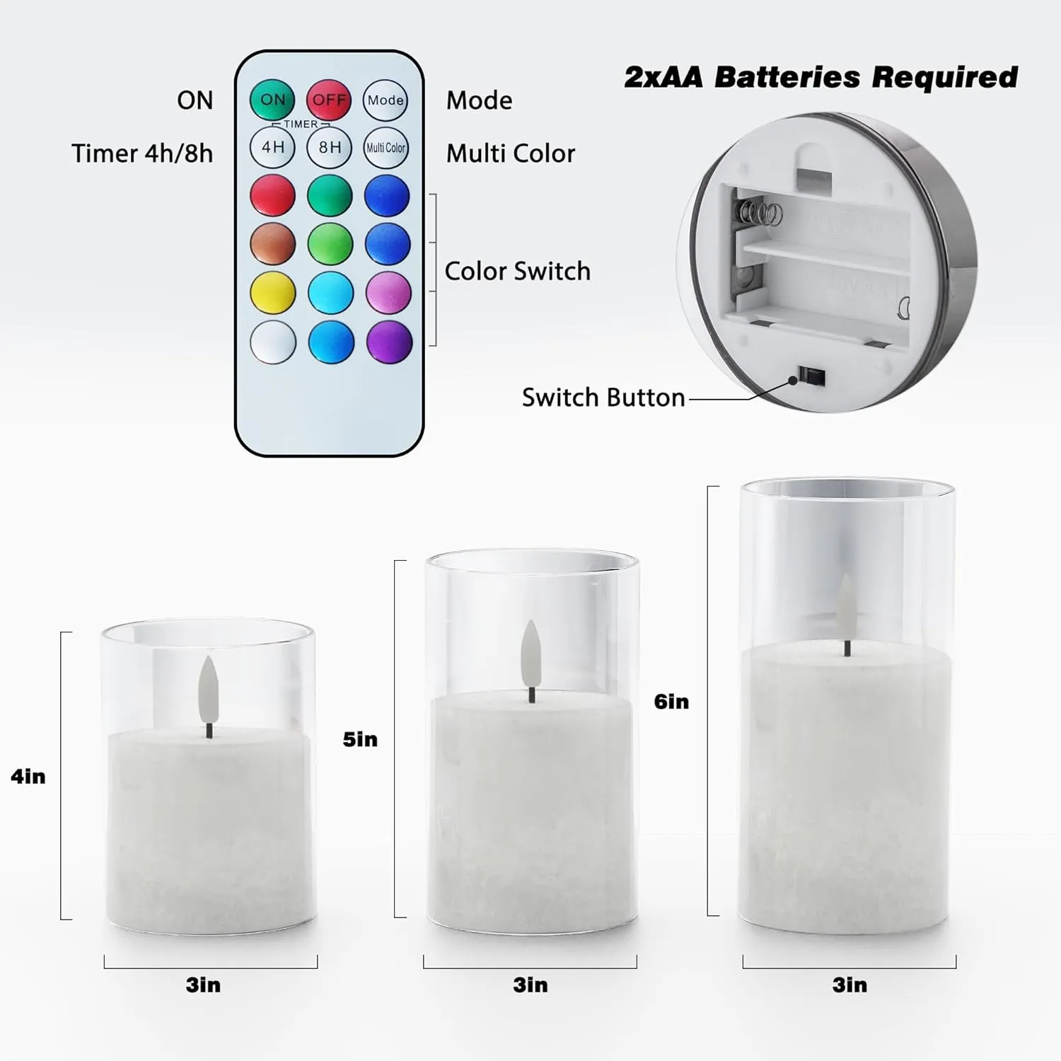 12Colors Flickering Flameless Candles with Remote & Timer, Real Wax Battery Operated Candles with Flickering Flame, Multi-color Realistic LED Candle, Crystal Texture Design - 3Pack [3"×4/5/6"]