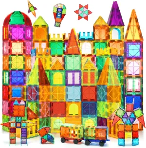 130 PCS Magnetic Tiles,Magnetic Building Blocks Tiles 3D Clear Construction,Magnet Building Set with 2 Cars,STEM Educational Magnet Toy Easter Basket Essentials Kids 3 4 5 6 7 8 9  Year Old
