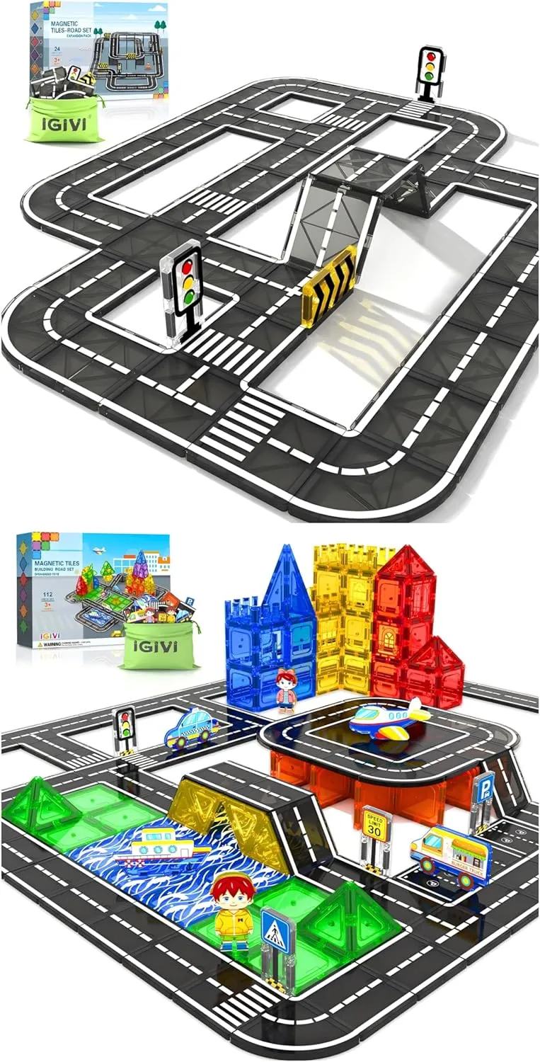 136PCS Magnetic Tiles Road Set,Magnet Building Toys for Kids,City Construction Toys for 3  Year Old Boys & Girls, Creative Gifts for Toy Car Enthusiasts