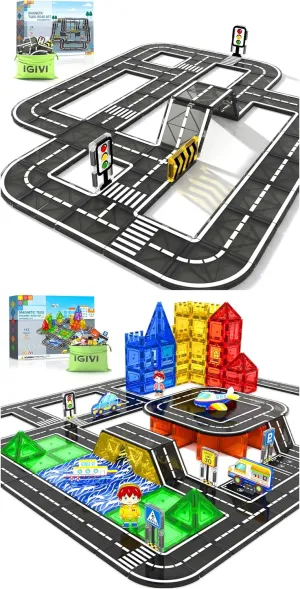 136PCS Magnetic Tiles Road Set,Magnet Building Toys for Kids,City Construction Toys for 3  Year Old Boys & Girls, Creative Gifts for Toy Car Enthusiasts