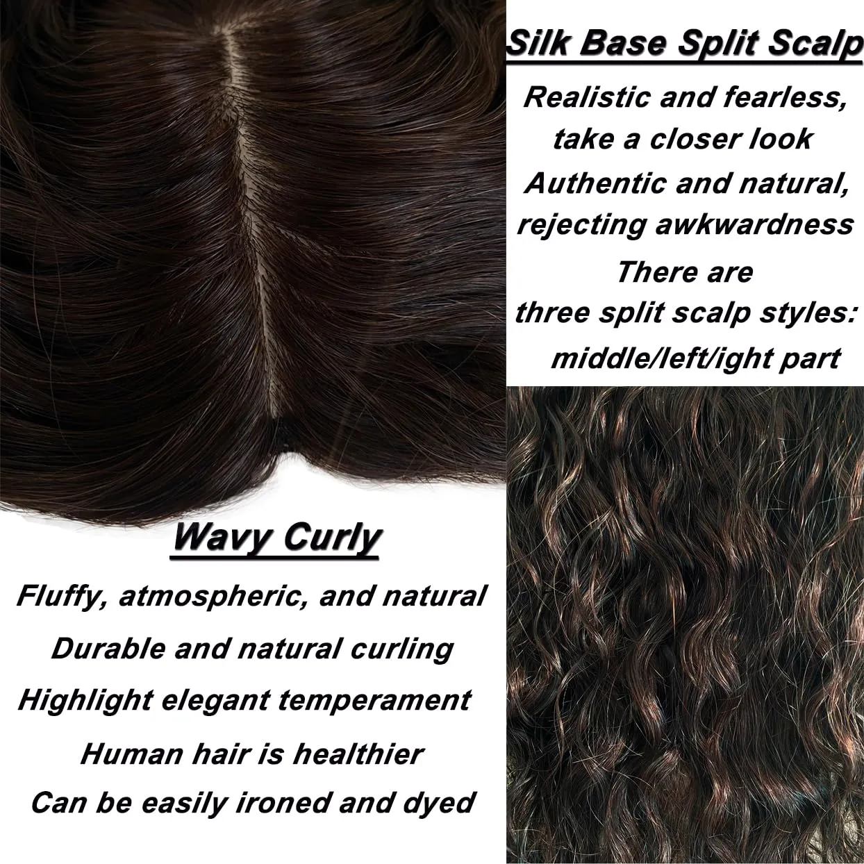 13x14cm U-shaped Silk Base Real Human Hair Toppers for Women with Thinning Hair,Curly Wavy Hair Topper Clip in Wiglet Hairpieces 14" Brown Right Side Part