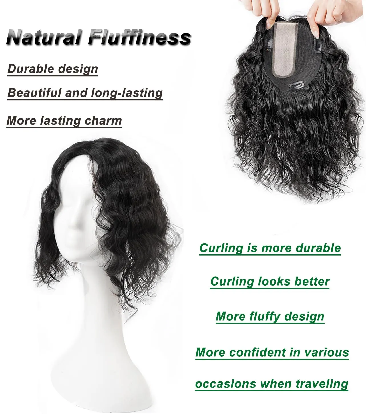 13x14cm U-shaped Silk Base Real Human Hair Toppers for Women with Thinning Hair,Curly Wavy Hair Topper Clip in Wiglet Hairpieces 14" Brown Right Side Part