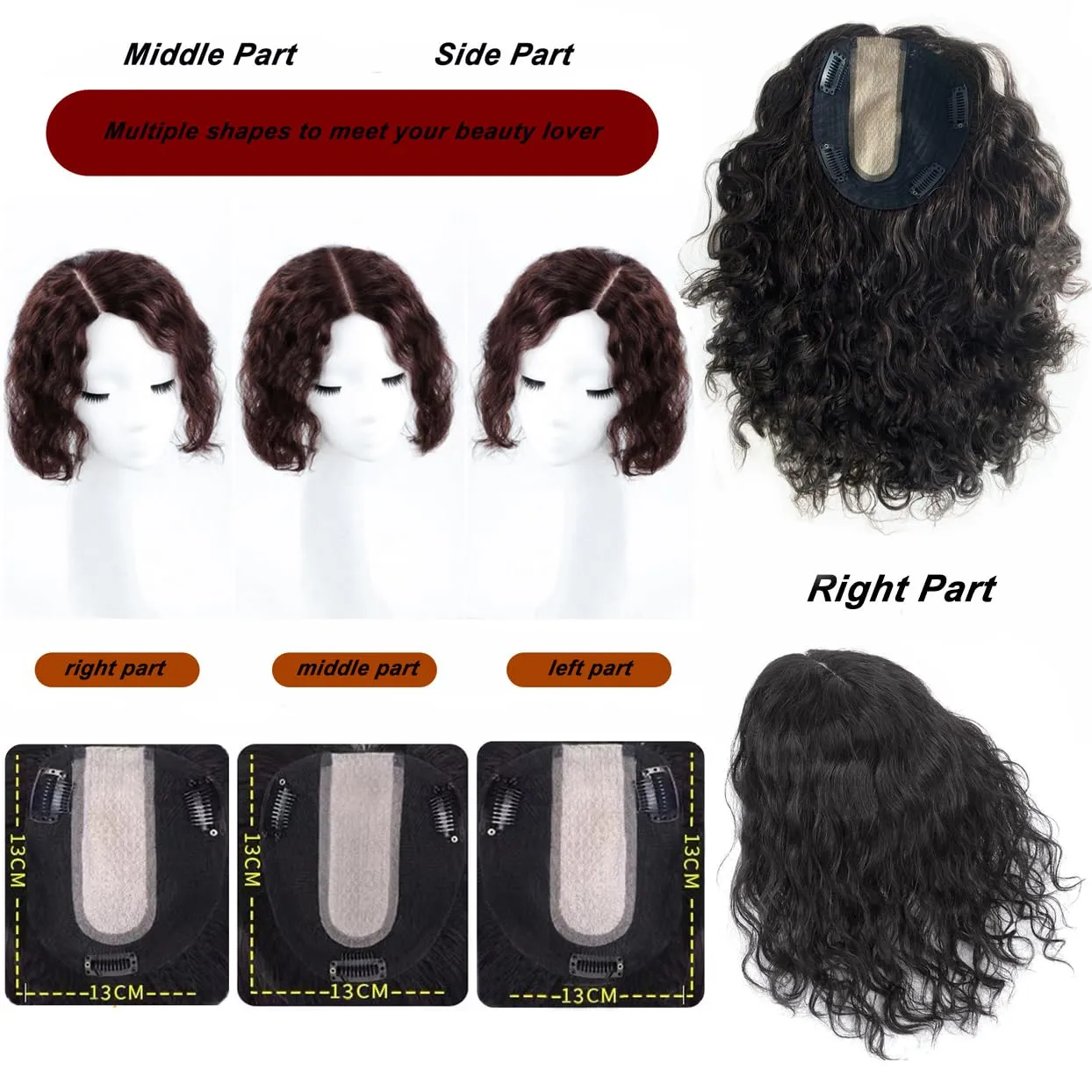 13x14cm U-shaped Silk Base Real Human Hair Toppers for Women with Thinning Hair,Curly Wavy Hair Topper Clip in Wiglet Hairpieces 14" Brown Right Side Part