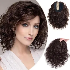 13x14cm U-shaped Silk Base Real Human Hair Toppers for Women with Thinning Hair,Curly Wavy Hair Topper Clip in Wiglet Hairpieces 14" Brown Right Side Part