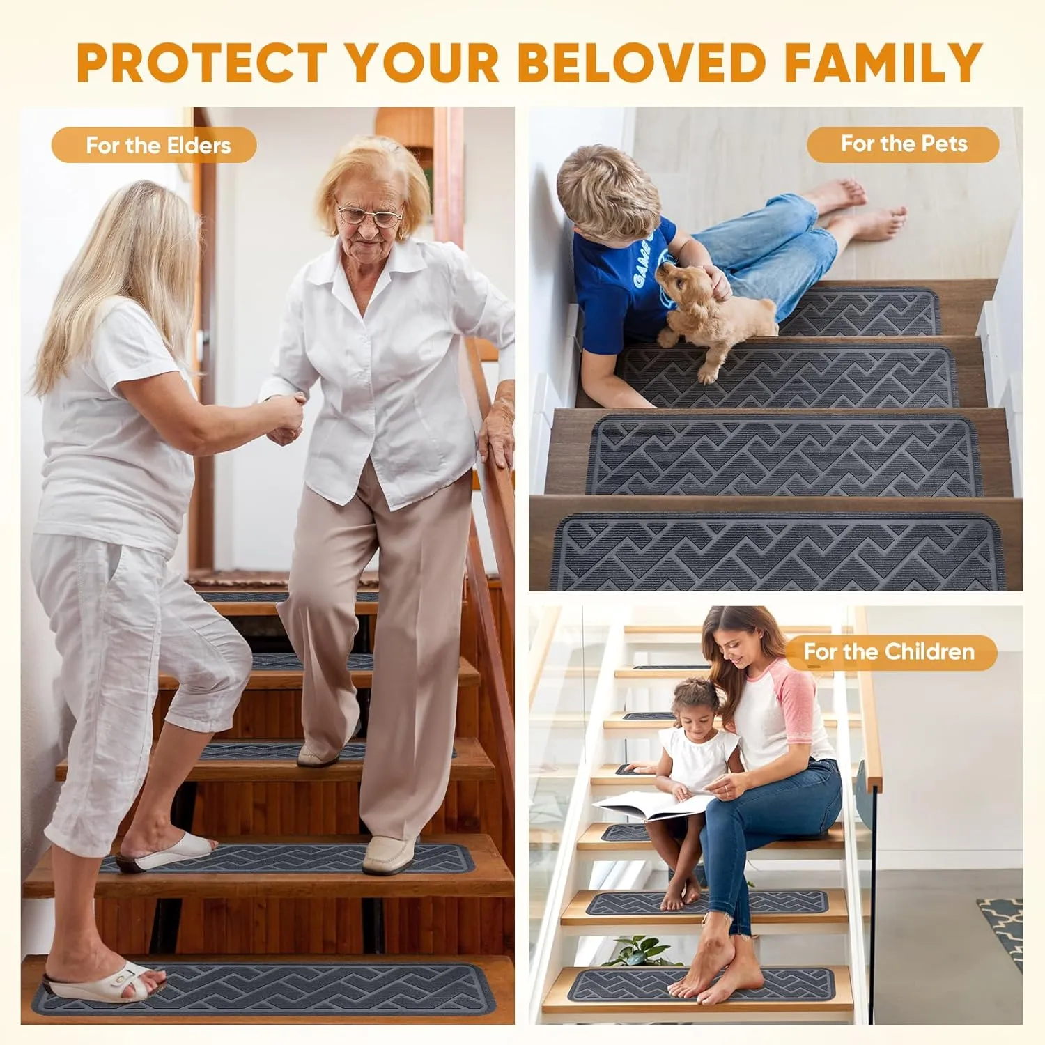 15 Pack 8 "X 30" Non Slip Stair Treads for Wooden Steps, Carpet Stair Treads Made of Polyester and Reusable Adhesive, Stair Runner Rugs for Kids, Elders and Pets (Gray)