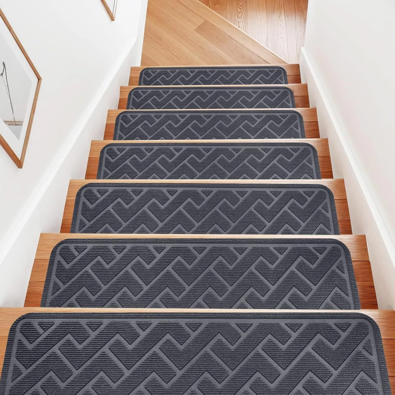 15 Pack 8 "X 30" Non Slip Stair Treads for Wooden Steps, Carpet Stair Treads Made of Polyester and Reusable Adhesive, Stair Runner Rugs for Kids, Elders and Pets (Gray)