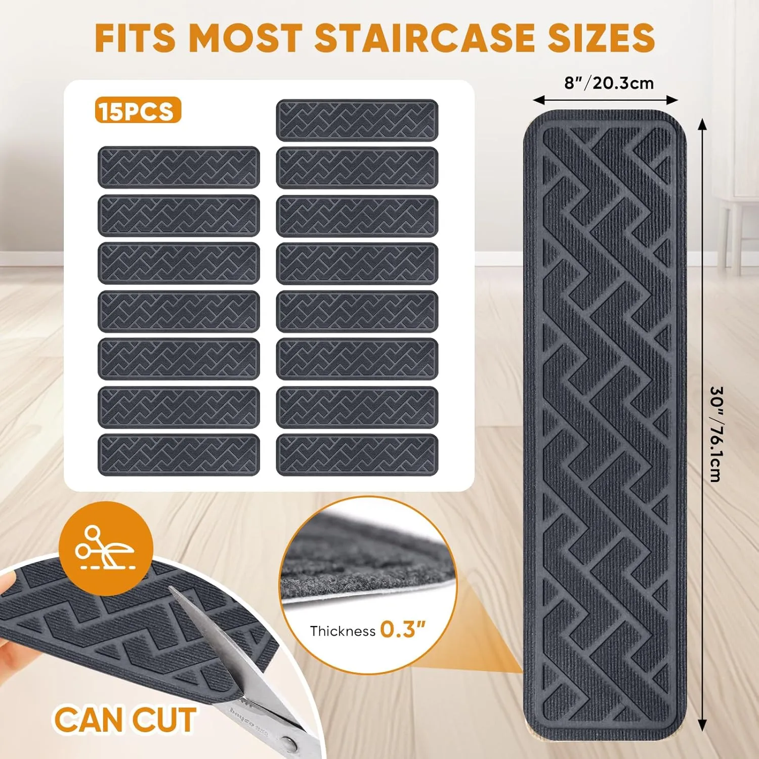 15 Pack 8 "X 30" Non Slip Stair Treads for Wooden Steps, Carpet Stair Treads Made of Polyester and Reusable Adhesive, Stair Runner Rugs for Kids, Elders and Pets (Gray)