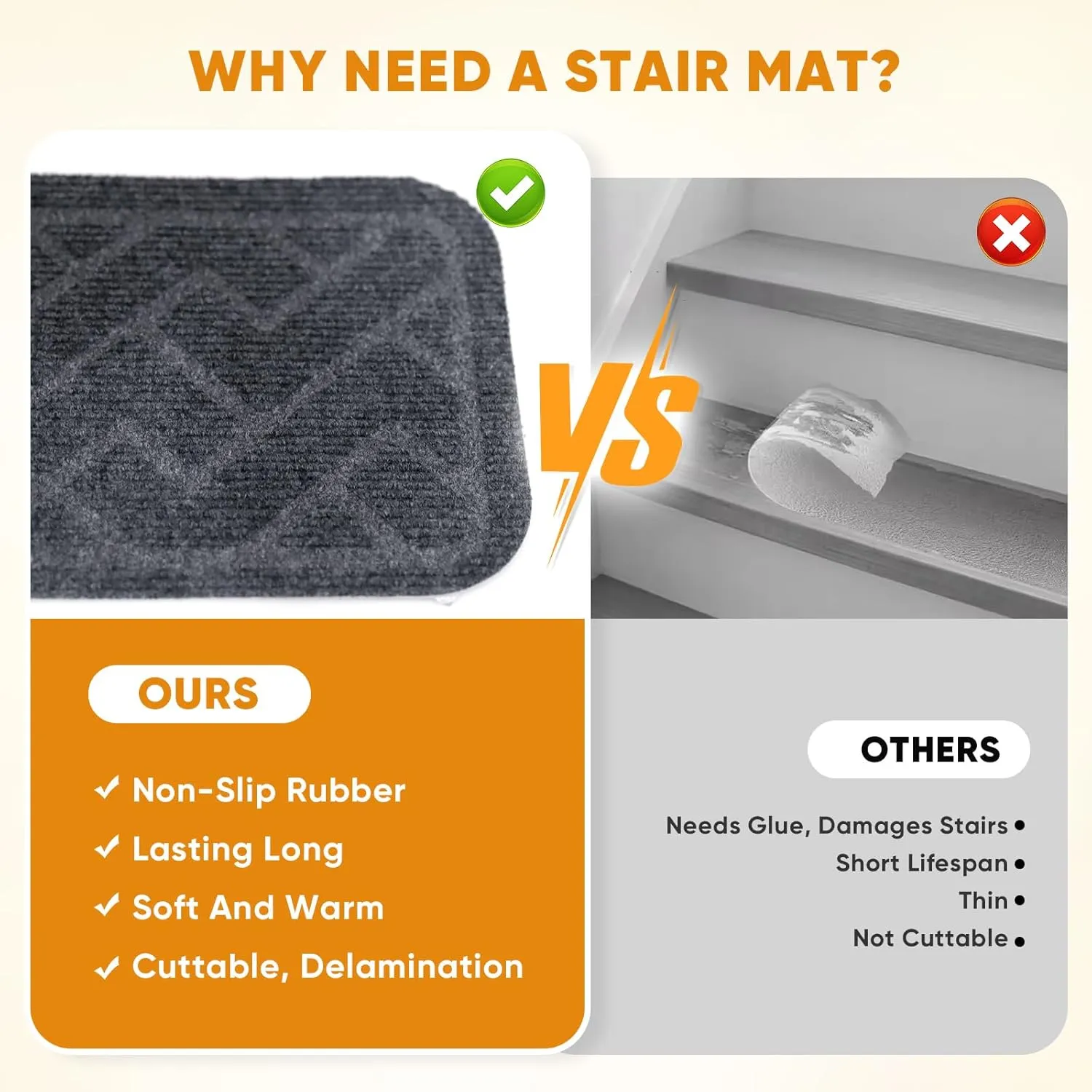 15 Pack 8 "X 30" Non Slip Stair Treads for Wooden Steps, Carpet Stair Treads Made of Polyester and Reusable Adhesive, Stair Runner Rugs for Kids, Elders and Pets (Gray)