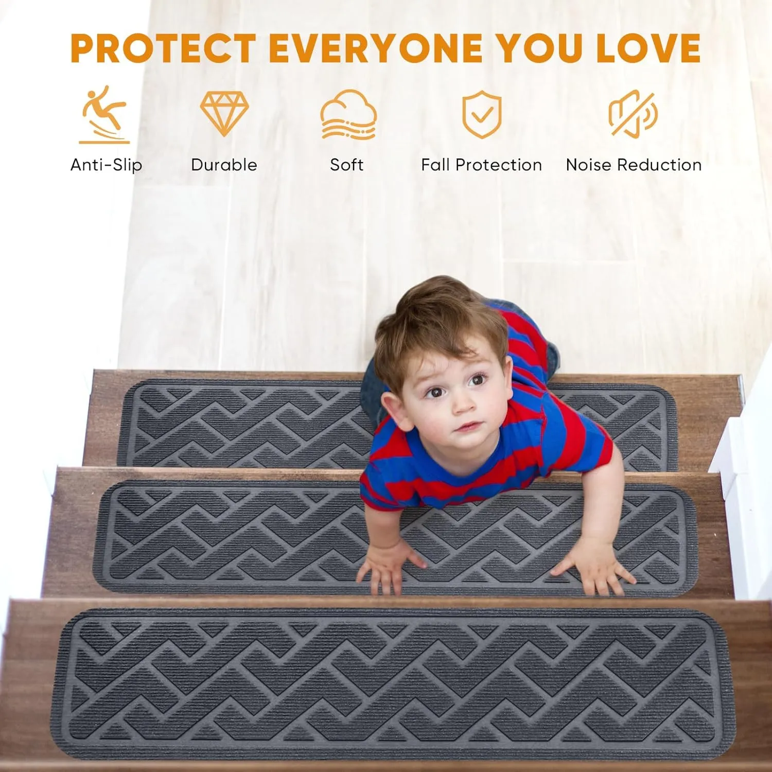 15 Pack 8 "X 30" Non Slip Stair Treads for Wooden Steps, Carpet Stair Treads Made of Polyester and Reusable Adhesive, Stair Runner Rugs for Kids, Elders and Pets (Gray)