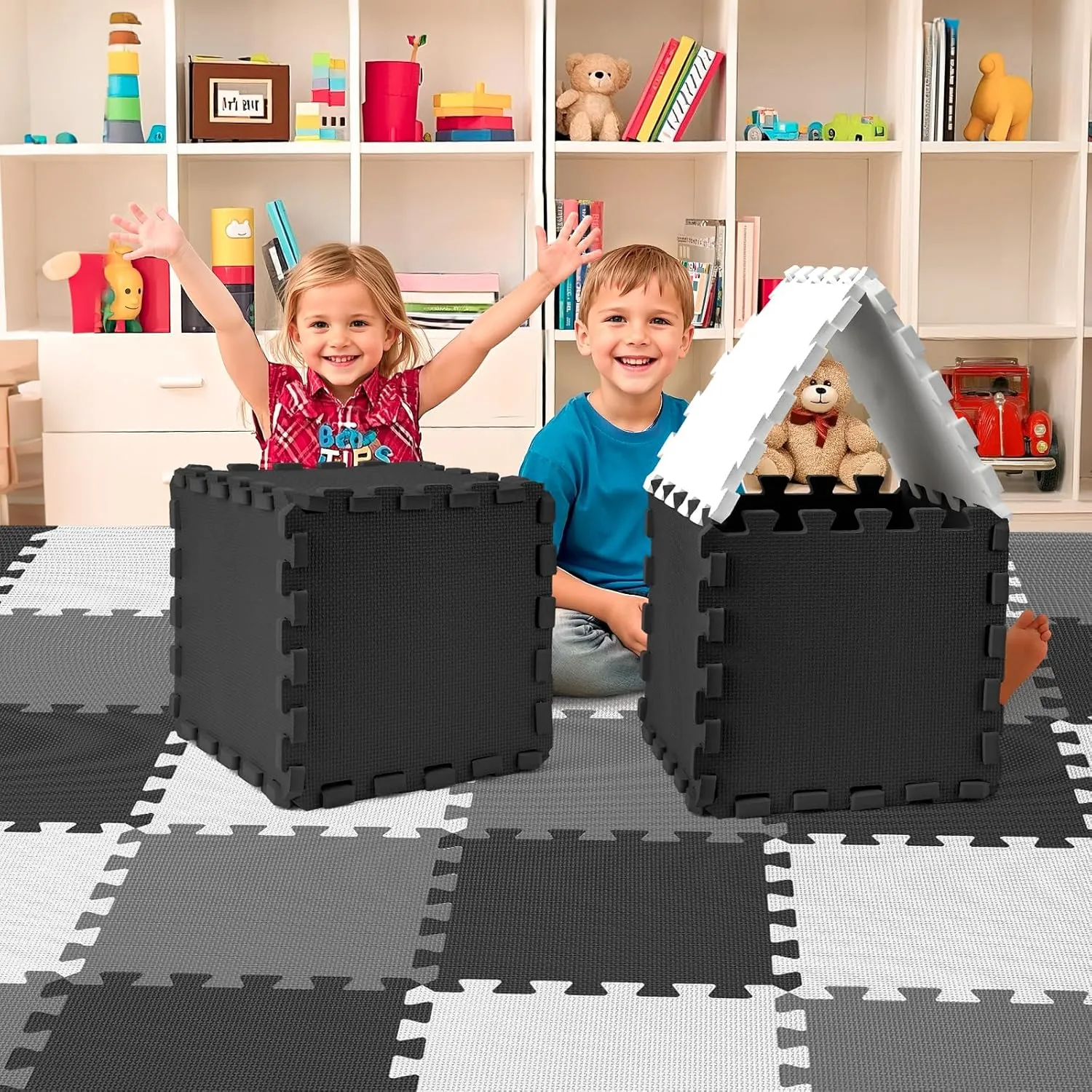 16 Pcs Baby Play Mat for Floor, EVA Foam Baby Play Mat with 0.6 Inch Thick Interlocking Carpet Tiles, Foam Floor Tiles for Babies 6-12 Months, Toddlers and Kids, Grey-White-Black