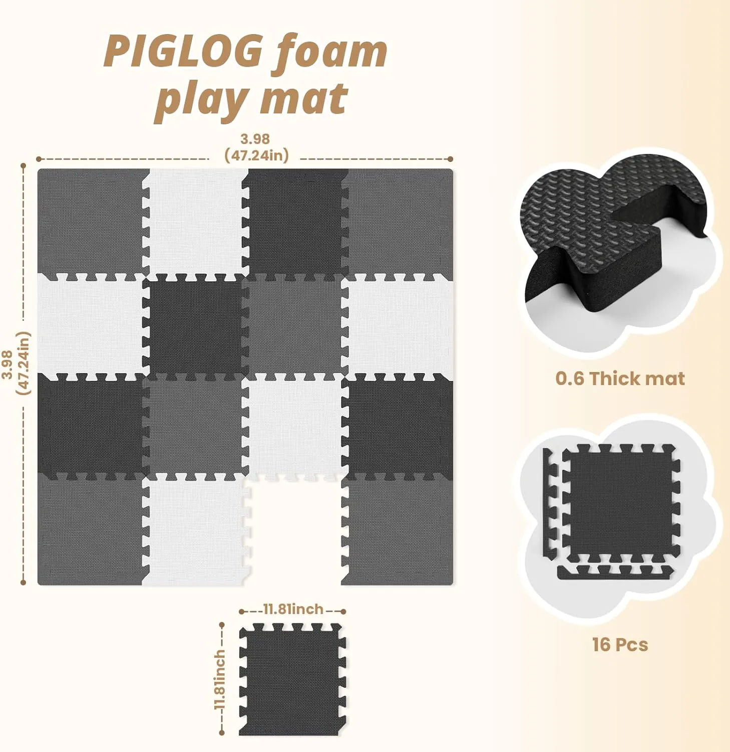 16 Pcs Baby Play Mat for Floor, EVA Foam Baby Play Mat with 0.6 Inch Thick Interlocking Carpet Tiles, Foam Floor Tiles for Babies 6-12 Months, Toddlers and Kids, Grey-White-Black