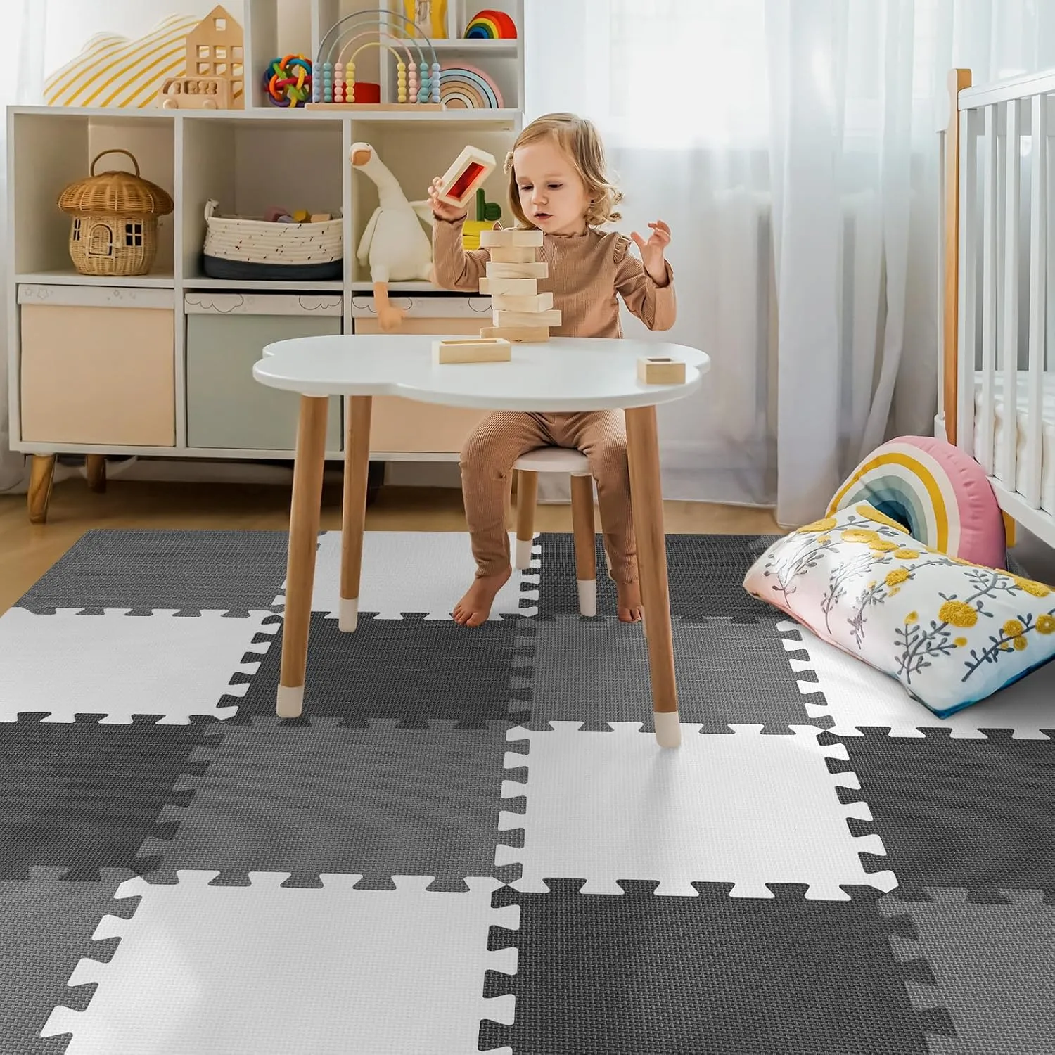 16 Pcs Baby Play Mat for Floor, EVA Foam Baby Play Mat with 0.6 Inch Thick Interlocking Carpet Tiles, Foam Floor Tiles for Babies 6-12 Months, Toddlers and Kids, Grey-White-Black