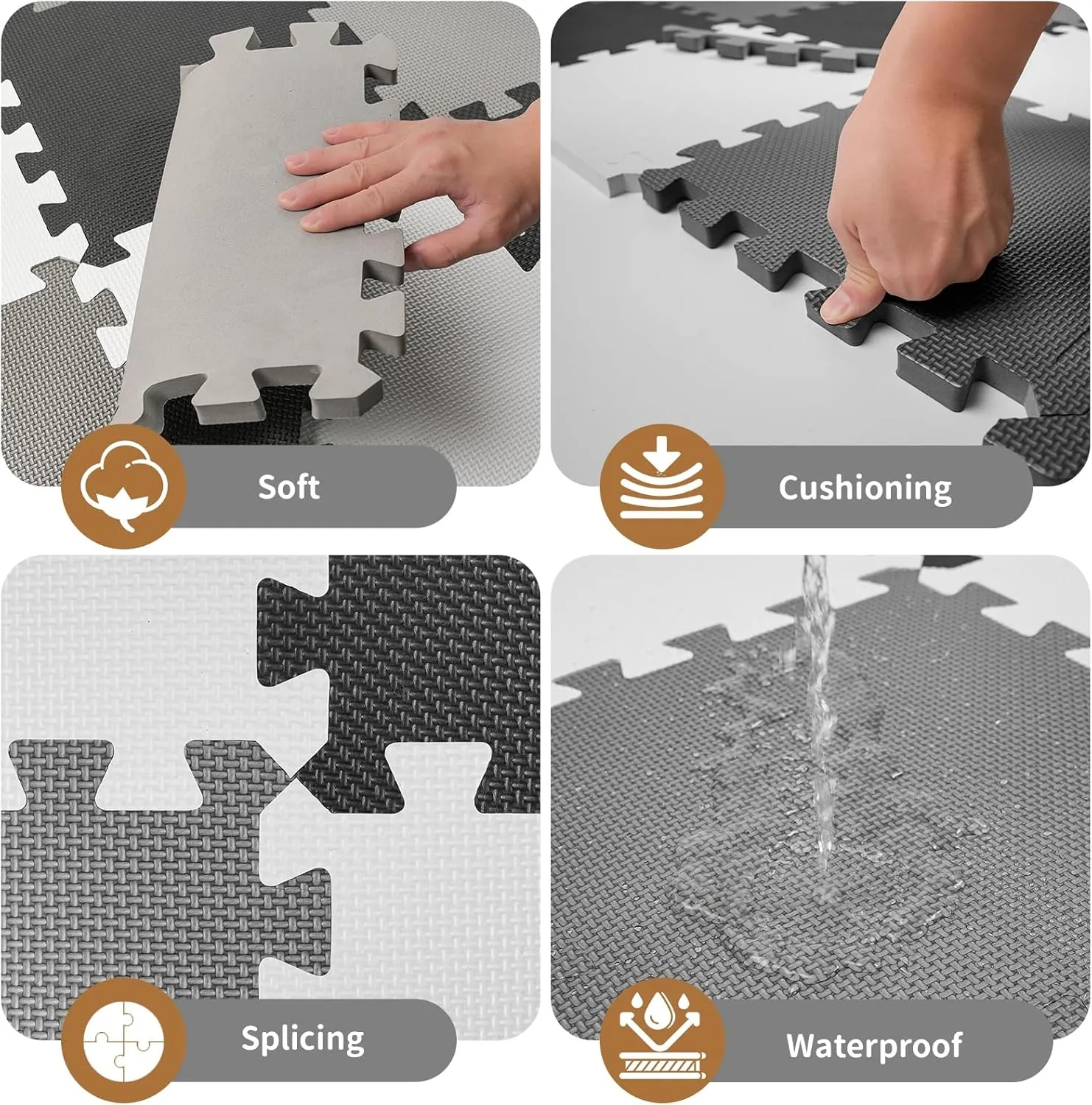 16 Pcs Baby Play Mat for Floor, EVA Foam Baby Play Mat with 0.6 Inch Thick Interlocking Carpet Tiles, Foam Floor Tiles for Babies 6-12 Months, Toddlers and Kids, Grey-White-Black