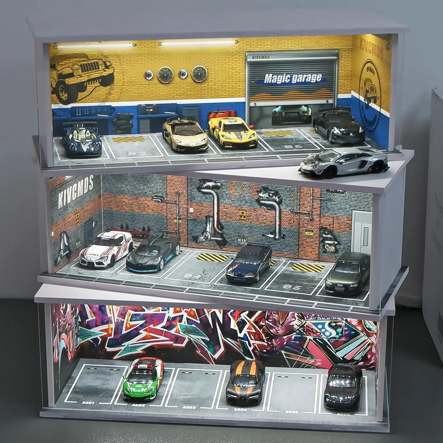 1:64 Car Model Display Case with Lights for Hot Wheels,Matchbox Cars,Diecast Alloy Small Truck Collectibles Storage Box-Dilapidated Factory Scenes Parking Garage