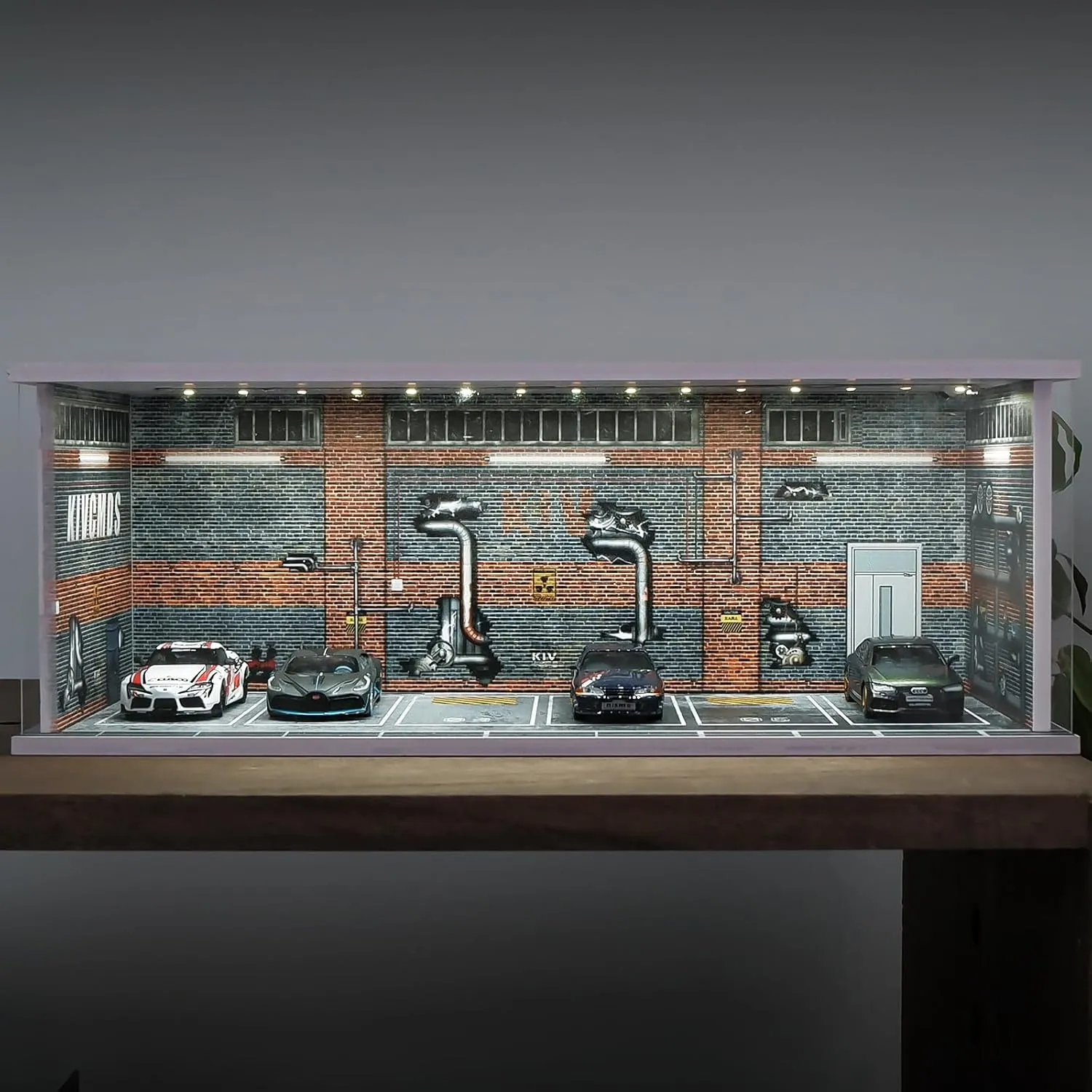 1:64 Car Model Display Case with Lights for Hot Wheels,Matchbox Cars,Diecast Alloy Small Truck Collectibles Storage Box-Dilapidated Factory Scenes Parking Garage