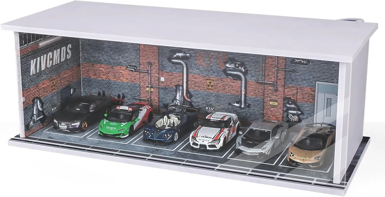 1:64 Car Model Display Case with Lights for Hot Wheels,Matchbox Cars,Diecast Alloy Small Truck Collectibles Storage Box-Dilapidated Factory Scenes Parking Garage