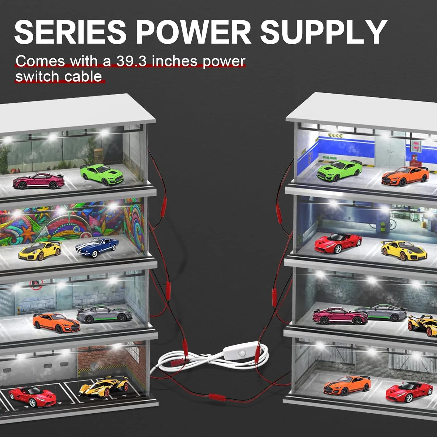 1/64 Scale Diecast Display Case for Hot Wheels Matchbox Cars, Toy Car Model Mini Garage with LED Light and Acrylic Cover, Stackable Parking Lot Diorama Storage for Collection Present