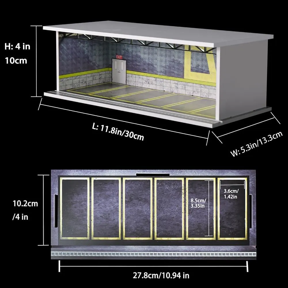 1/64 Scale Hot die-cast Wheels Model car scenarios Display case with LED Light and Acrylic Cover, Scenes Parking lot Diorama Storage Garage Box with 6 Parking Spaces (D5)
