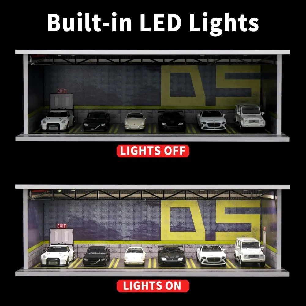 1/64 Scale Hot die-cast Wheels Model car scenarios Display case with LED Light and Acrylic Cover, Scenes Parking lot Diorama Storage Garage Box with 6 Parking Spaces (D5)