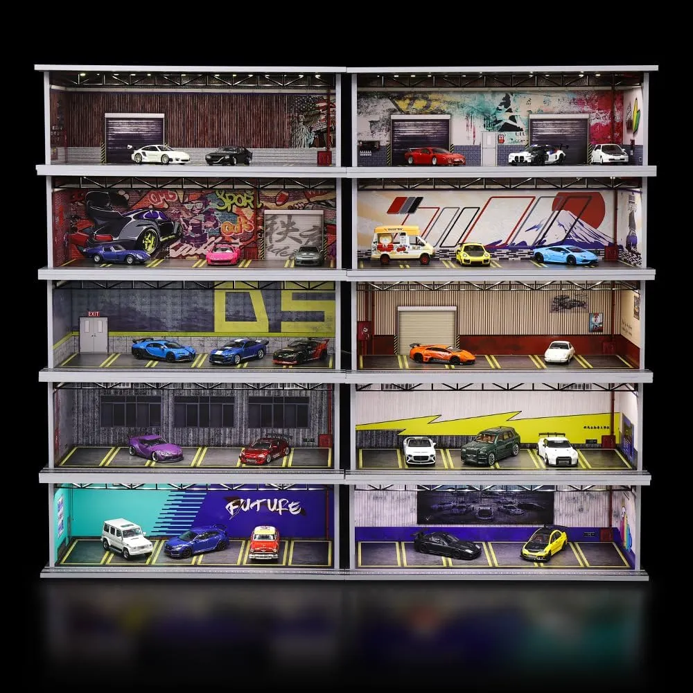 1/64 Scale Hot die-cast Wheels Model car scenarios Display case with LED Light and Acrylic Cover, Scenes Parking lot Diorama Storage Garage Box with 6 Parking Spaces (D5)