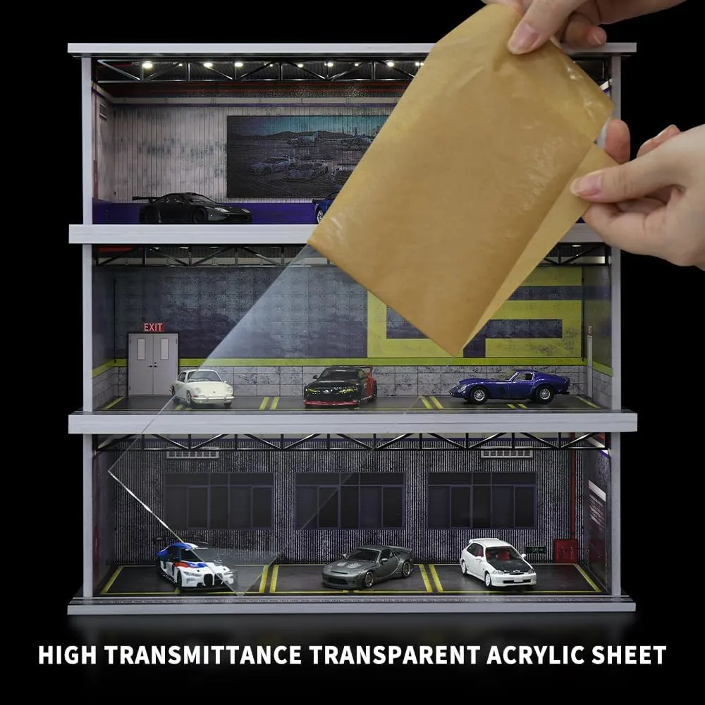 1/64 Scale Hot die-cast Wheels Model car scenarios Display case with LED Light and Acrylic Cover, Scenes Parking lot Diorama Storage Garage Box with 6 Parking Spaces (D5)