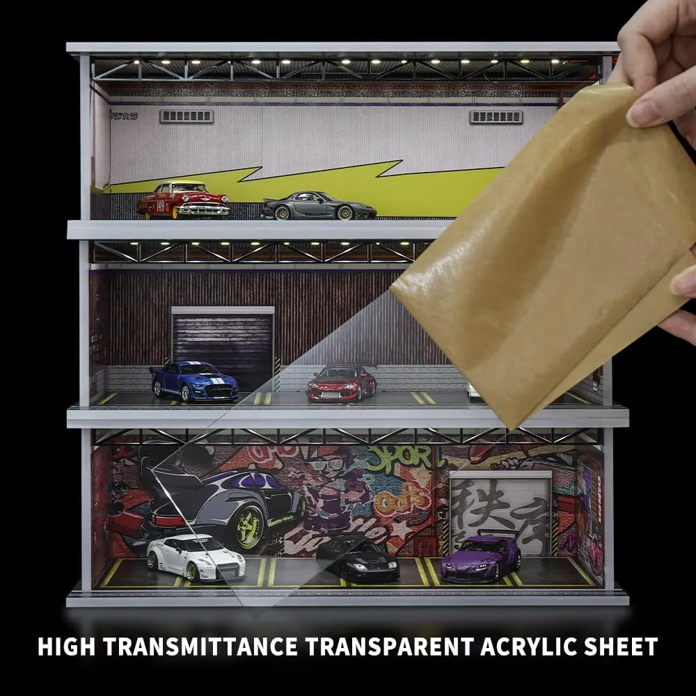 1/64 Scale Hot die-cast Wheels Model car scenarios Display case with LED Light and Acrylic Cover, Scenes Parking lot Diorama Storage Garage Box with 6 Parking Spaces (Graffiti)