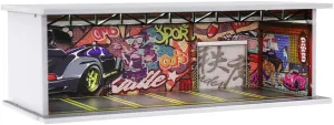 1/64 Scale Hot die-cast Wheels Model car scenarios Display case with LED Light and Acrylic Cover, Scenes Parking lot Diorama Storage Garage Box with 6 Parking Spaces (Graffiti)