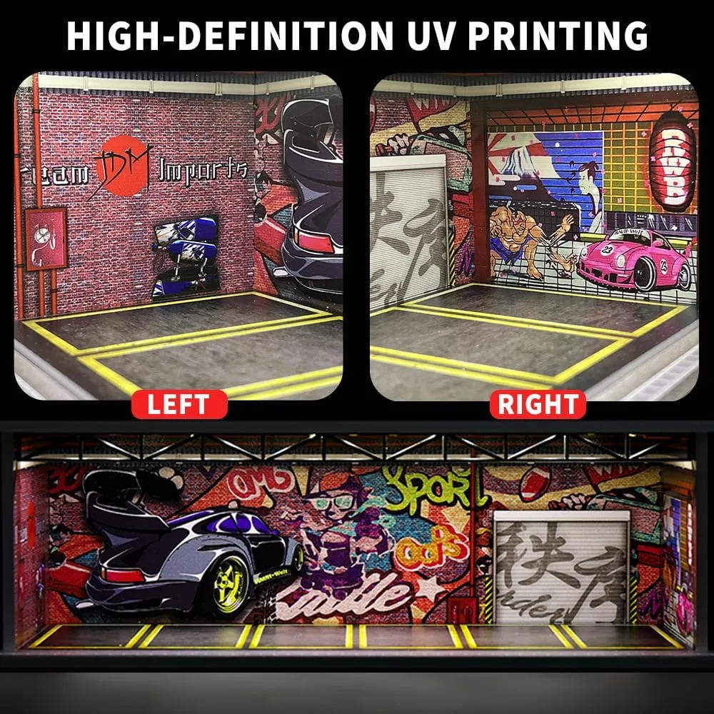 1/64 Scale Hot die-cast Wheels Model car scenarios Display case with LED Light and Acrylic Cover, Scenes Parking lot Diorama Storage Garage Box with 6 Parking Spaces (Graffiti)