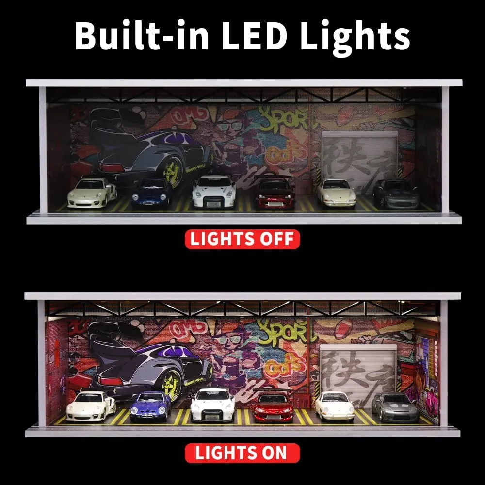 1/64 Scale Hot die-cast Wheels Model car scenarios Display case with LED Light and Acrylic Cover, Scenes Parking lot Diorama Storage Garage Box with 6 Parking Spaces (Graffiti)