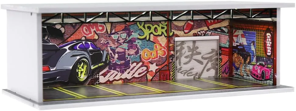 1/64 Scale Hot die-cast Wheels Model car scenarios Display case with LED Light and Acrylic Cover, Scenes Parking lot Diorama Storage Garage Box with 6 Parking Spaces (Graffiti)