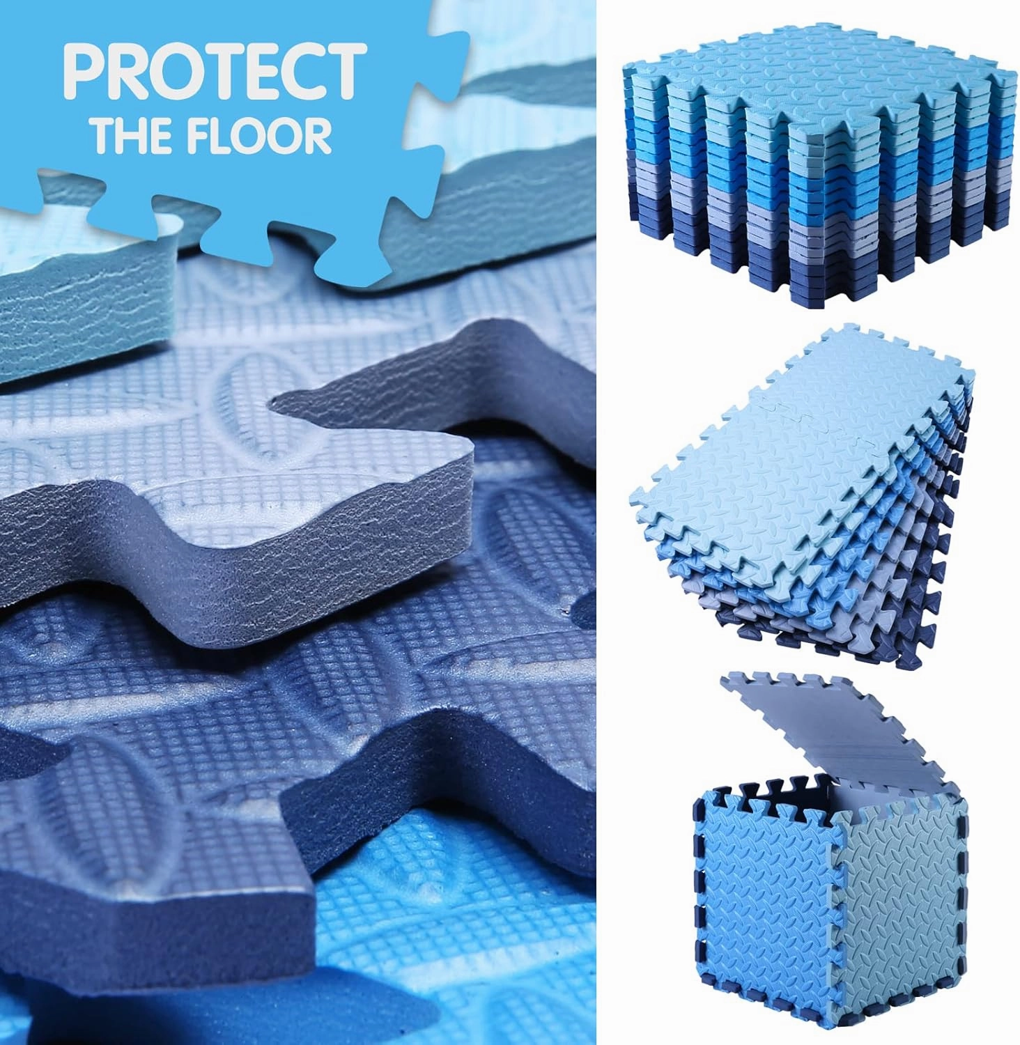 16 Tiles Foam Play Mat for Baby, Soft & Safe EVA Foam Mats for Floor, Square Baby Play Mat, Kids Foam Puzzle Floor Mat, 47x47 Play Mat for Playpen(Dark Blue/Gray Blue/Light Blue/Blue)